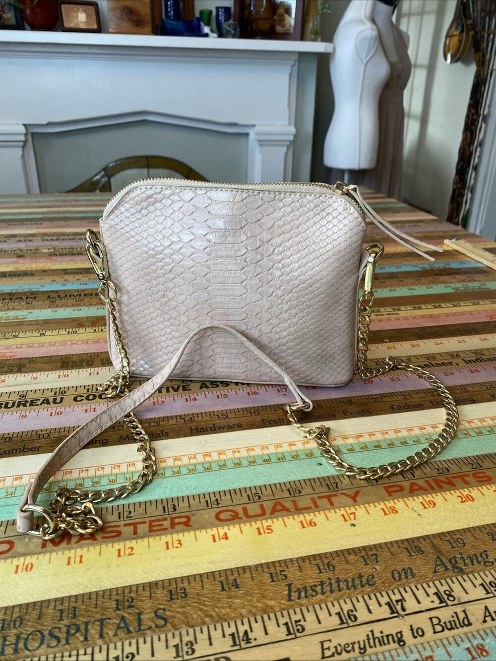 Madison West Small Pink Zip Up Leather Shoulder Chain Bag Gold Hardware